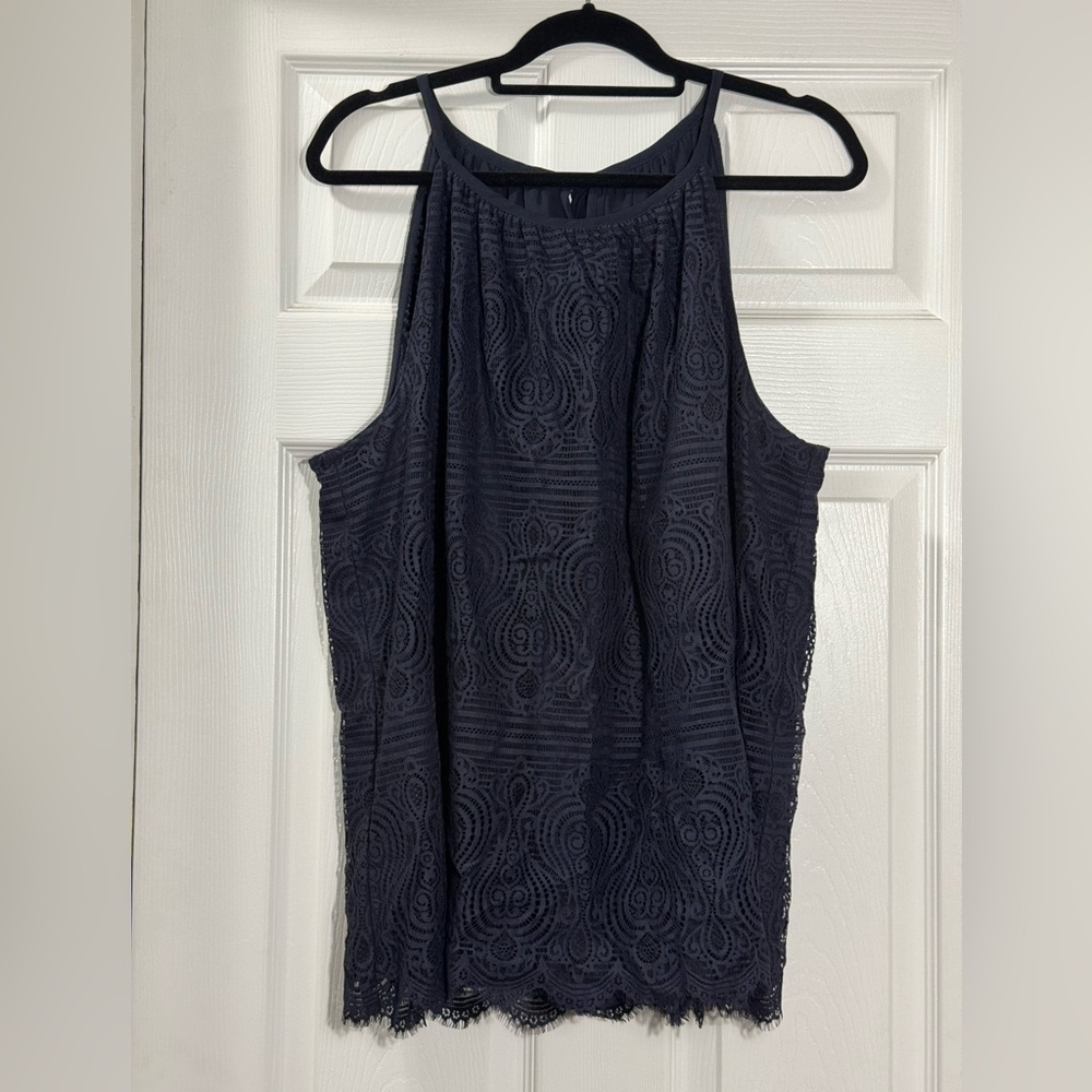 LOFT Navy Lace Sleeveless Shell Blouse Scalloped Hem Plus Size 20